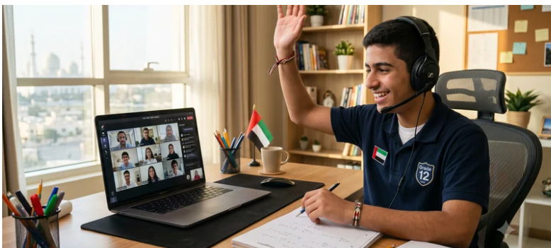 Grade 12 UAE student in online maths class with headphones and laptop